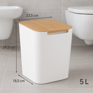 Cos gunoi 5Five Natureo cu capac, polipropilena si bambus, 5 litri, 22x19x24 cm, alb - Img 3