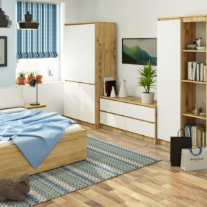 Dulap cu 4 usi, rafturi si bara pentru umerase, PAL laminat, 90x51x180 cm, stejar artisan si alb - Img 4