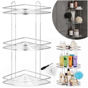 Etajera de colt pentru dus, cu 3 polite, montaj pe perete, inox, 25x25x59 cm, argintiu - Img 4