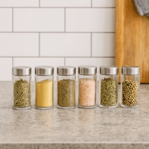 Set 6 borcane condimente 5Five din sticla, 80 ml, capac inox, transparent - Img 4