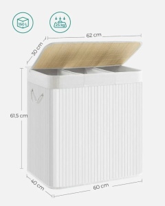 SONGMICS Cos de rufe din bambus, pliabil, cu captuseala detasabila lavabila, 3 compartimente, 150L, 60x40x62cm, alb - Img 3