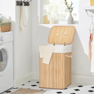 SONGMICS Cos de rufe din bambus, pliabil, cu captuseala detasabila lavabila, 72L, 40x30x60cm, natural - Img 3