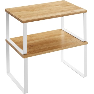 SONGMICS Set 2 rafturi de bucatarie suprapozabile, pentru ustensile sau condimente, 20x30x16cm, natur si alb