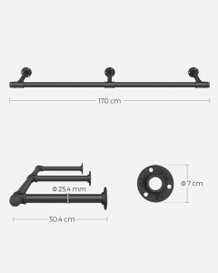 SONGMICS Sina metalica de agatat haine, montare pe perete, aspect industrial, 30x7x170 cm, negru - Img 3