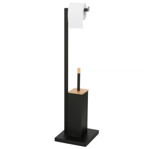 Stand cu perie WC si suport hartie igienica, metal si bambus, 79cm, negru - Img 3