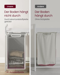 VASAGLE Cos de rufe, 2 compartimente, saci de rufe detasabili, raft, cadru metalic, 2x46L, 73x33x72 cm, alb - Img 6
