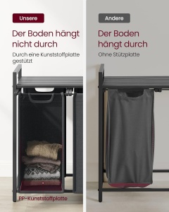 VASAGLE Cos de rufe, 3 compartimente, saci de rufe detasabili, raft, cadru metalic, 3x38L, 93x33x72 cm, negru - Img 6