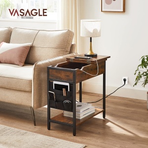 VASAGLE Masa laterala pliabila, tip noptiera, cu prize si porturi USB, raft si geanta din textil, 60x32x60 cm, maro rustic - Img 3