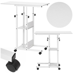 Birou reglabil pe inaltime cu rafturi si roti, blat din lemn si structura metalica, 80x40x76-86 cm, alb - Img 2