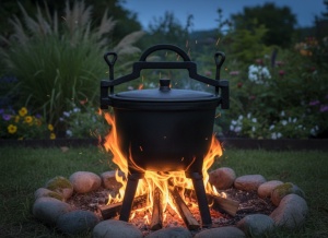 Ceaun vanatoresc din fonta, cu capac si picioare pentru gatit in aer liber, 5L, 25×42 cm, negru - Img 5