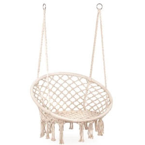Scaun rotund tip leagan suspendat pentru casa sau gradina, cu franjuri, 150kg, crem