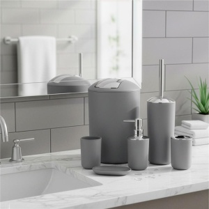 Set accesorii baie, 6 piese din plastic, cu perie WC si cos de gunoi, finisaj mat si lucios, gri argintiu - Img 6