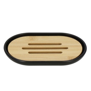 Set de accesorii rotunde pentru baie din plastic cu elemente bambus, 6 piese, negru - Img 6