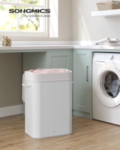 SONGMICS Cos de rufe din bambus, pliabil, cu captuseala detasabila lavabila, 72L, 40x30x60cm, alb - Img 5