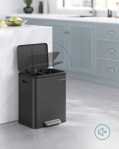 SONGMICS Cos gunoi metalic, 2 compartimente, 2×15 litri, pedala si inchidere silentioasa, negru - Img 2