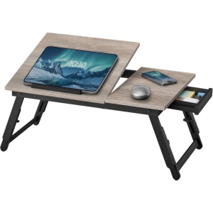 SONGMICS Masa laptop sau mic dejun cu picioare pliabile, din bambus, blat reglabil pe unghi si inaltime, 68x35x32 cm - Img 6