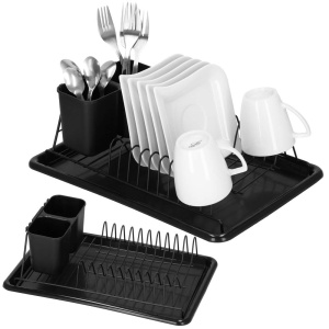 Uscator de vase metalic cu tava detasabila si suport tacamuri, 38x24x13 cm, negru - Img 3