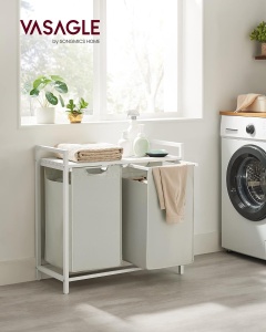 VASAGLE Cos de rufe, 2 compartimente, saci de rufe detasabili, raft, cadru metalic, 2x46L, 73x33x72 cm, alb - Img 3