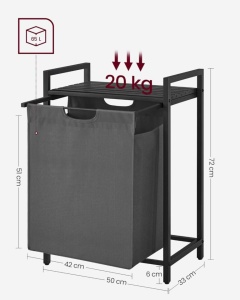 VASAGLE Cos de rufe, sac de rufe detasabil, raft, cadru metalic, 65L, 50x33x72 cm, negru si gri - Img 5