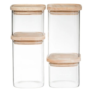 Set 4 borcane depozitare ermetice 5Five, sticla borosilicata si capac lemn, transparent