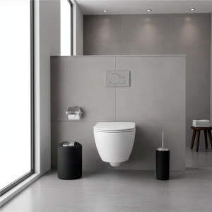 Set accesorii baie, 6 piese din plastic, cu perie WC si cos de gunoi, finisaj mat si lucios, negru argintiu - Img 4
