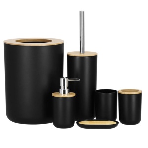 Set de accesorii rotunde pentru baie din plastic cu elemente bambus, 6 piese, negru - Img 3
