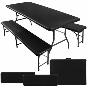 Set masa cu 2 banci pliabile tip valiza pentru gradina, camping sau evenimente, 180x70x74cm, negru