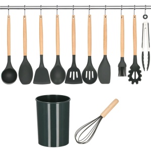 Set Sersimo 12 ustensile de bucatarie din silicon termorezistent si maner din bambus, gri - Img 6