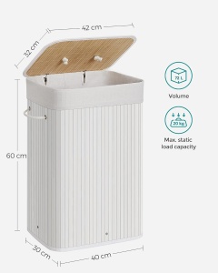 SONGMICS Cos de rufe din bambus, pliabil, cu captuseala detasabila lavabila, 72L, 40x30x60cm, alb - Img 2