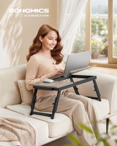 SONGMICS Masa laptop sau mic dejun cu picioare pliabile, din bambus, blat reglabil pe unghi si inaltime, 68x35x32 cm - Img 3