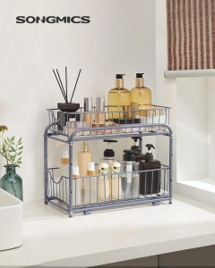 SONGMICS Raft organizator de depozitare cu 2 niveluri, cu sertare glisante, pentru bucatarie sau baie, 21x37x34cm, argintiu - Img 3