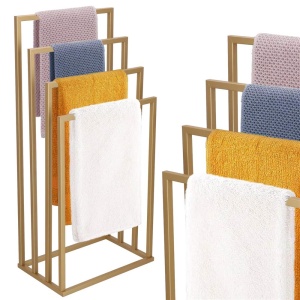 Suport metalic de baie pentru prosoape, cu 4 standuri, 96 cm, auriu mat - Img 3