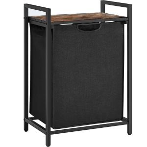 VASAGLE Cos de rufe, sac de rufe detasabil, raft, cadru metalic, 65L, 50x33x72 cm, maro rustic si negru