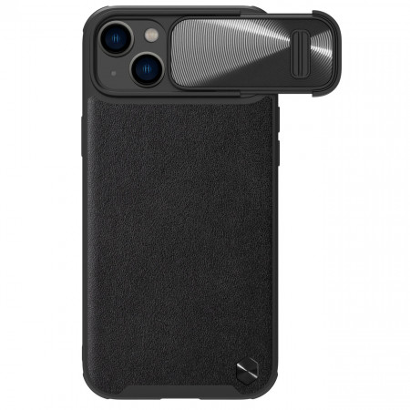 Гръб от естествена кожа с подвижно покритие за камерата NILLKIN CamShield Leather S - iPhone 14 Plus черен