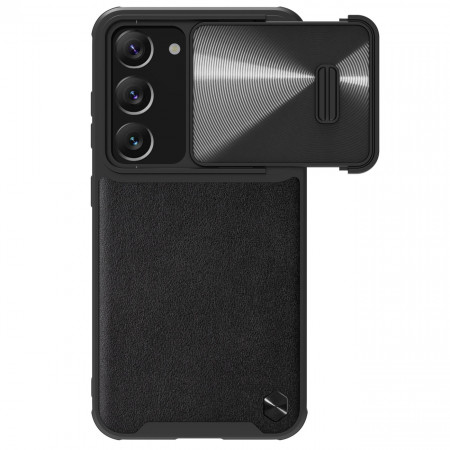 Гръб от естествена кожа с подвижно покритие за камерата NILLKIN CamShield Leather S - Samsung Galaxy S23 черен