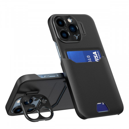 Гръб със стойка и джоб за карти Leather Stand - iPhone 14 Pro черен