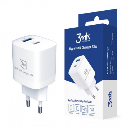 Зарядно за стена 3MK Hyper GaN Charger 33W USB Type A / USB Type C бяло