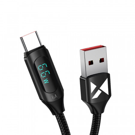 Кабел за зареждане и данни с дисплей и оплетка WOZINSKY WUACC1 USB A към USB Type C 66W 6A 1m черен
