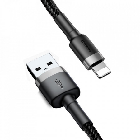 Кабел за зареждане и данни с оплетка BASEUS Cafule USB Type A към Lightning с бързо зареждане 3.0 1.5A 2m (CALKLF-CG1) черен / сив