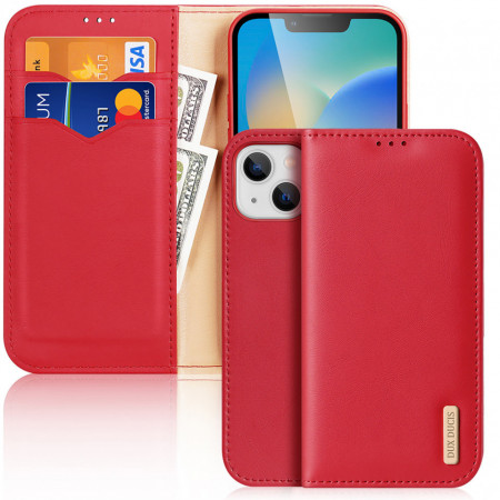Калъф тип книга от естествена кожа DUX DUCIS Hivo със система против кражба - iPhone 14 Plus червен