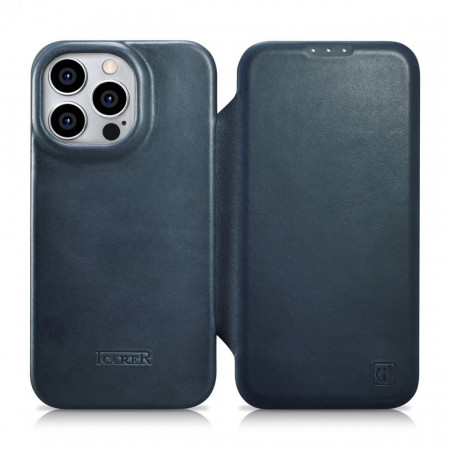 Калъф тип книга от естествена кожа iCARER CE Oil Wax Premium MagSafe - iPhone 14 Pro Max син