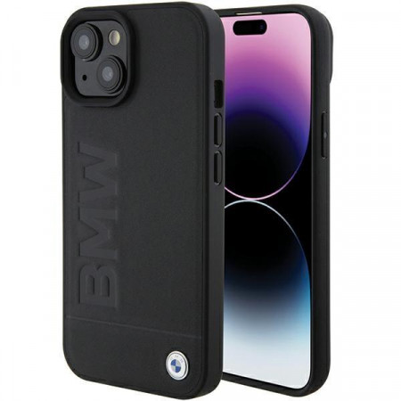Оригинален гръб от естествена кожа BMW Leather Hot Stamp - iPhone 15 Plus черен
