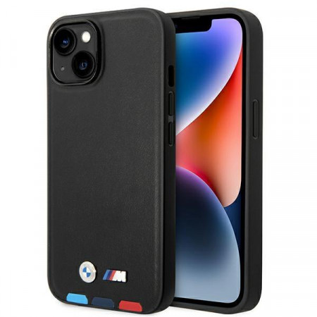 Оригинален гръб от естествена кожа BMW Leather Stamp Tricolor BMHMP14S22PTDK MagSafe - iPhone 14 черен