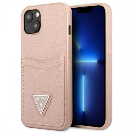 Оригинален гръб с джоб за карта GUESS SaffianoTriangle Logo Cardslot GUHCP13SPSATPP - iPhone 13 mini розов