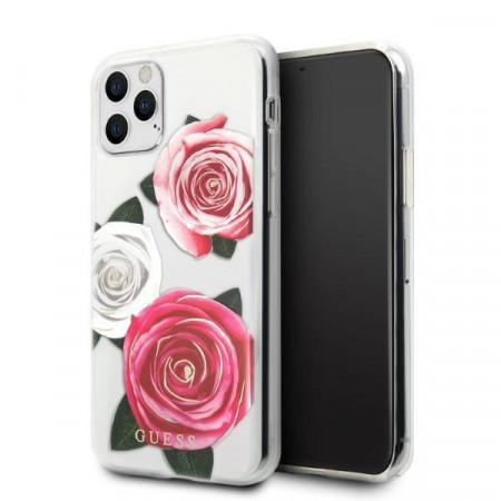 Оригинален гръб GUESS Flower Desire GUHCN58ROSTRT - iPhone 11 Pro прозрачен с розови и бели рози