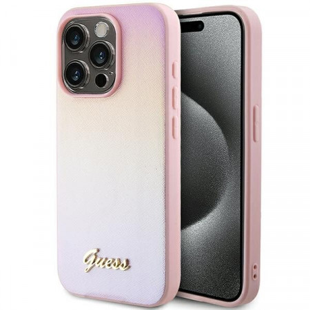Оригинален гръб GUESS Saffiano Iridescent Script - iPhone 14 Pro розов