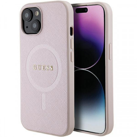 Оригинален гръб GUESS Saffiano MagSafe - iPhone 15 Plus розов