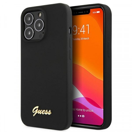 Оригинален гръб GUESS Silicone Script Gold Logo GUHMP13LLSLMGBK - iPhone 13 Pro черен