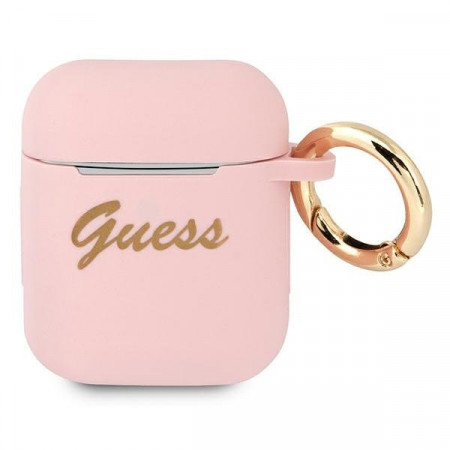 Оригинален калъф за слушалки GUESS Silicone Vintage Script GUA2SSSI - AirPods 1 / 2 розов