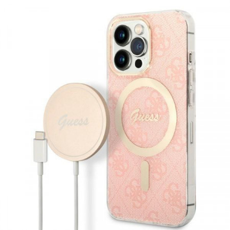 Оригинален комплект GUESS 4G Print (гръб + зарядно) MagSafe GUBPP13XH4EACSP - iPhone 13 Pro Max розов